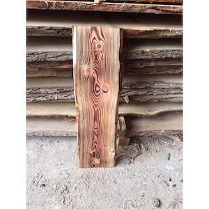 Tree slice, board, plank, rustic, unedged larch, handcrafted, solid wood 200x20-25 x 2.5 cm flamed