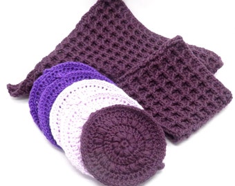 Plastic free bathroom spa set | Crochet cotton face scrubbies | Washable and reusable wash cloth, exfoliating pad