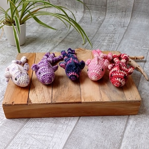 May include: Five crocheted fish toys in various shades of pink, purple, and blue. The fish are arranged on a wooden surface.