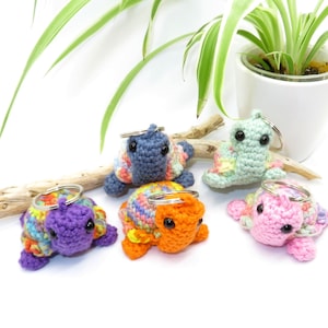 Op de afbeelding: Vijf kleurrijke gehaakte schildpad sleutelhangers met zilveren sleutelringen. De schildpadden zijn in tinten blauw, groen, paars, oranje en roze.