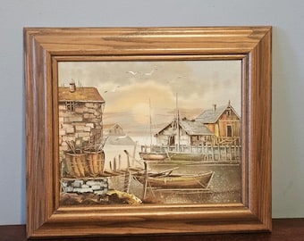Vintage Original Oil Painting - Harbor Scene