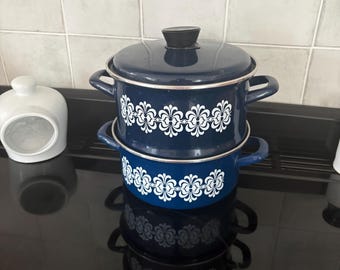 Vintage Dark Blue Patterned Twin-Handled Enamel Stacked Casserole/Steamer Pans