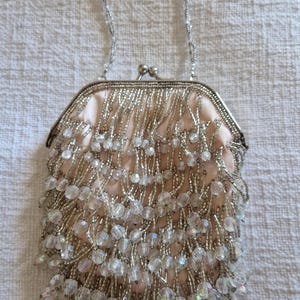 Vintage beaded bag,sequin, evening bag, tassle, silver, iridescent, M&S