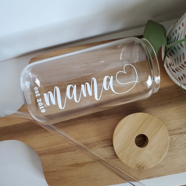 Mama Cup, Customizable Mom Can Cup, 16 oz Can Glass Set with Bamboo lid and Straw, Personalized Mom Cup, Mama established 2022 2023