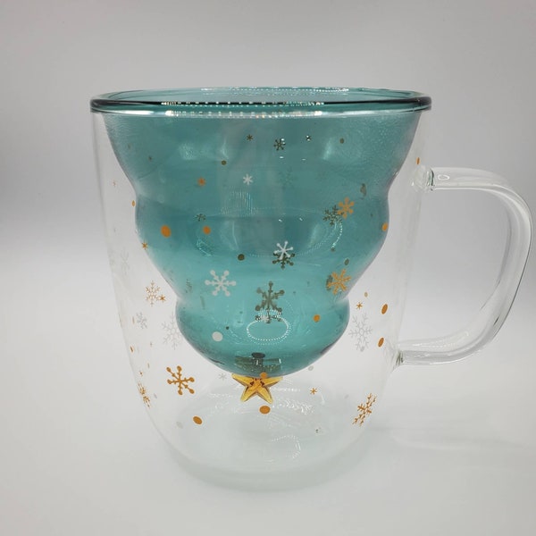 Glass Christmas Tree Mug, Christmas Tree Cup, Double walled insulated Coffee Cup, Christmas Mug, Holiday Coffee Cup