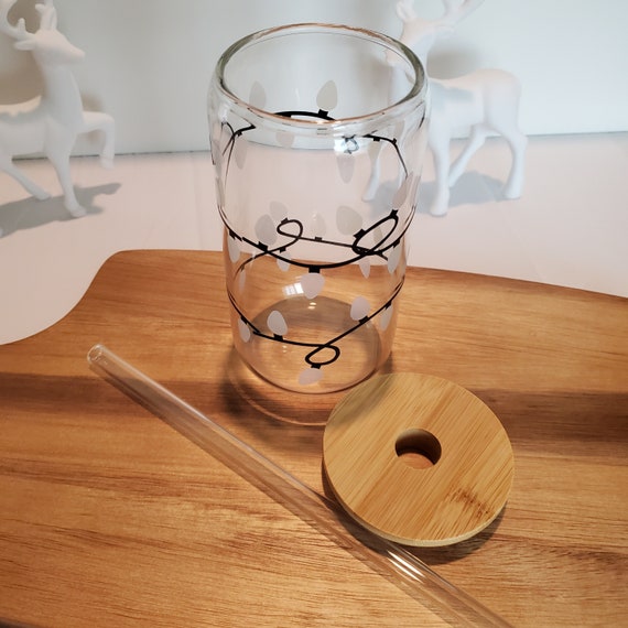 Christmas Lights 16 oz Glass Cup with Bamboo Lid