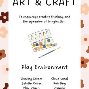 May include: A white poster with the words "ART & CRAFT" and "Play Environment". It includes a watercolour paint set and a paintbrush. The poster lists creative activities like painting, drawing, and clay.