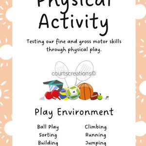 May include: A poster with the title "Physical Activity" and the text "Testing our fine and gross motor skills through physical play." The image includes illustrations of sports equipment such as balls, rackets, and a football. The poster also lists activities like ball play and climbing.