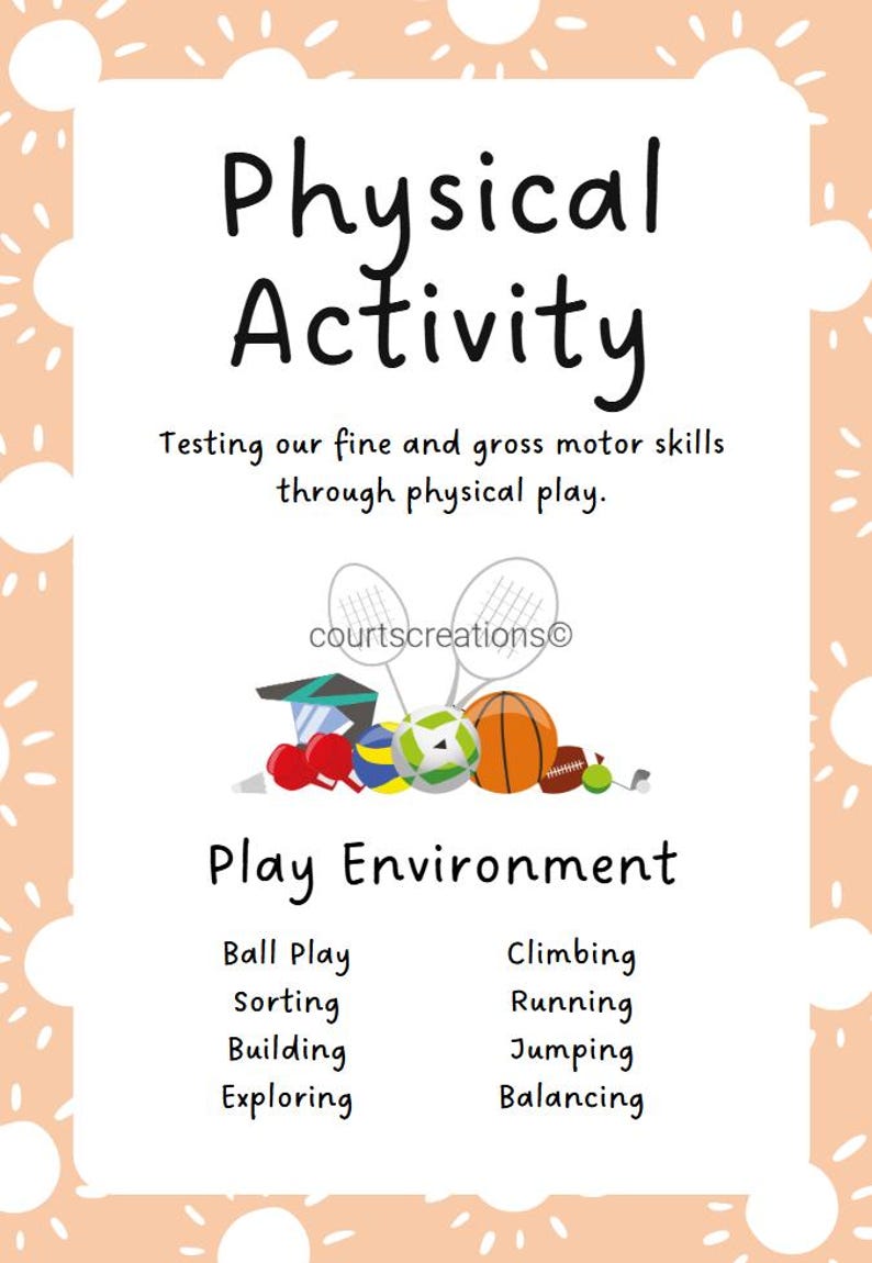 May include: A poster with the title "Physical Activity" and the text "Testing our fine and gross motor skills through physical play." The image includes illustrations of sports equipment such as balls, rackets, and a football. The poster also lists activities like ball play and climbing.