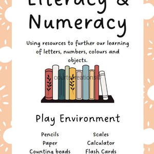 May include: A white poster with the words "Literacy & Numeracy" in large black letters. The poster includes text about learning letters, numbers, colors, and objects. A shelf of colorful books is illustrated, and a list of learning tools is included.