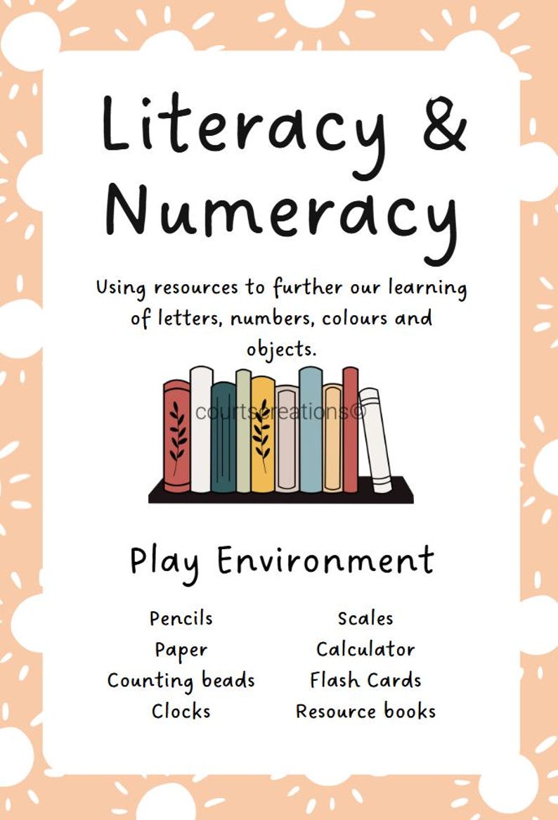 May include: A white poster with the words "Literacy & Numeracy" in large black letters. The poster includes text about learning letters, numbers, colors, and objects. A shelf of colorful books is illustrated, and a list of learning tools is included.