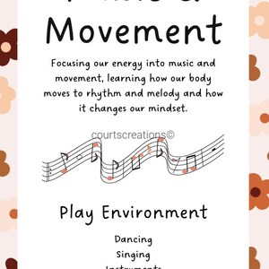 May include: A white rectangular sign with the words "Music & Movement" in large black letters. The sign includes text about focusing on music and movement, a musical staff, and the words "Play Environment". The background has a floral pattern.
