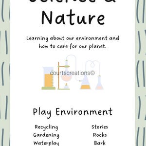 May include: A white background with the words "Science & Nature" and "Play Environment". The image includes illustrations of beakers and a list of related activities such as recycling, gardening, and experiments. The text encourages learning about the environment.