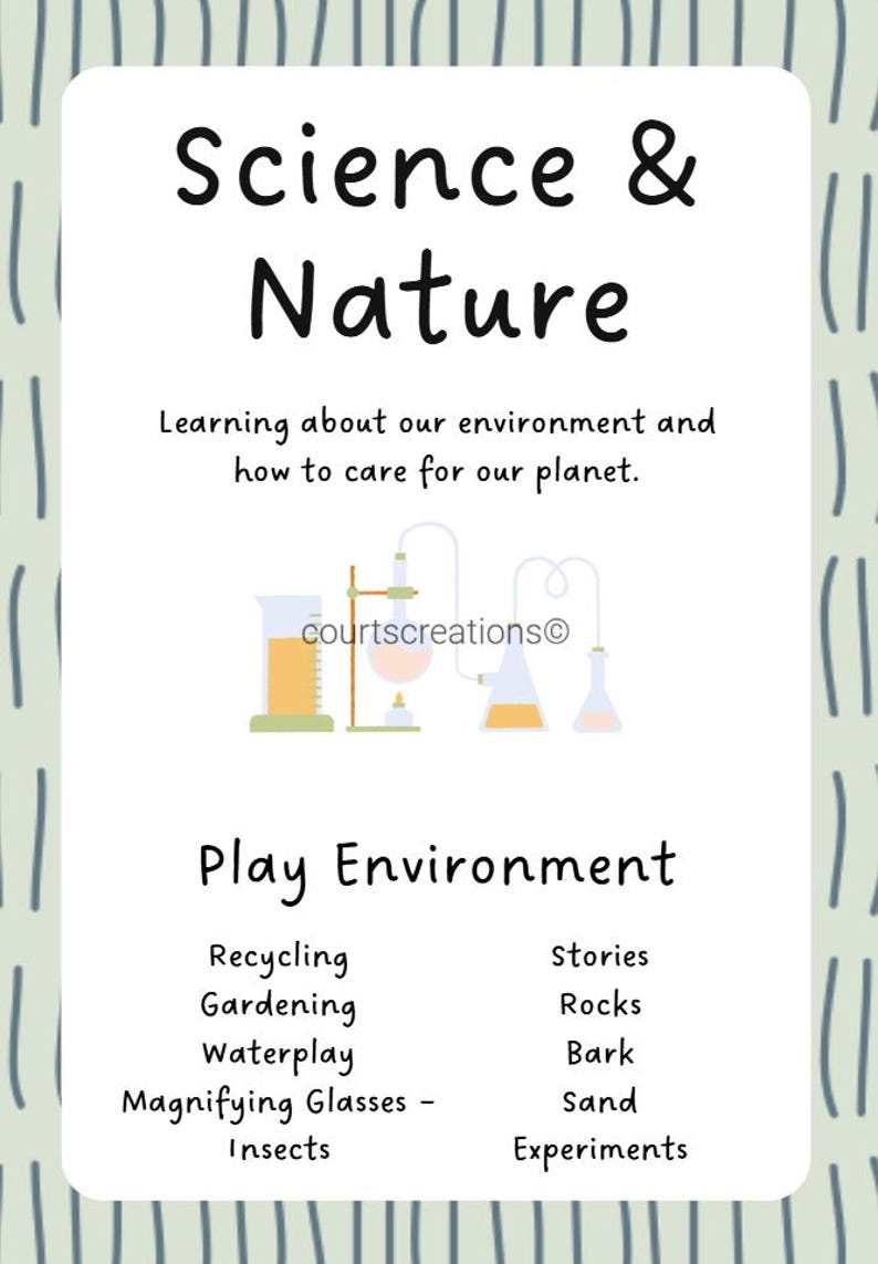 May include: A white background with the words "Science & Nature" and "Play Environment". The image includes illustrations of beakers and a list of related activities such as recycling, gardening, and experiments. The text encourages learning about the environment.
