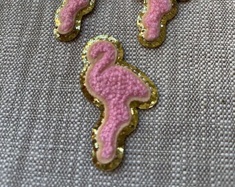 Chenille Iron On Pink Flamingo Patch-Gold Glitter Patch