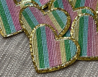 Multi-Colored Rainbow Gold Glitter Heart Iron On Patch