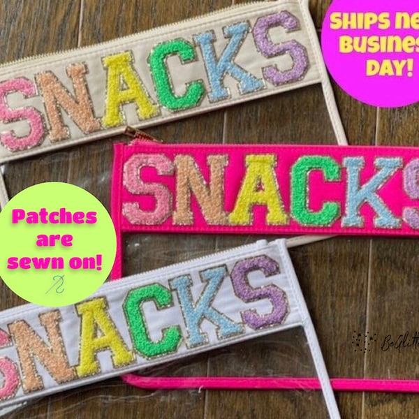 READY TO SHIP-Snacks Pouch-Clear Bag chenille patch-Nylon Bag-Preppy-Gifts for her-Snacks bag-reusable-soccer mom-clear pouch-teacher gift