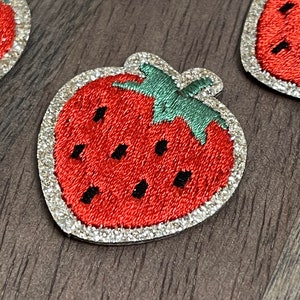 May include: A red and green embroidered strawberry patch with silver glitter around the edges.