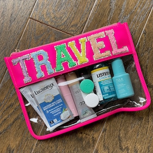 PRONTO PARA ENVIAR - Bolsa transparente - Patch de letra em chenille - Bolsa de viagem - Nylon - Preppy - Presentes para ela - Mãe do futebol - Bolsa de lanches - Bolsa transparente - Bolsa de cosméticos para maquiagem