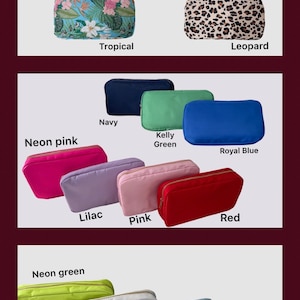 Könnte beinhalten: Eine Auswahl an Reißverschlusstaschen in verschiedenen Farben und Mustern, darunter Schwarz, Nude, Khaki, Tropisch, Leopard, Marine, Neonrosa, Kellygrün, Royalblau, Lila, Rosa, Rot, Neongrün, Weiß, Eisblau und Mintgrün.