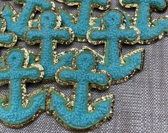 Iron on patch-Anchor Chenille patch Aqua Gold Glitter patches