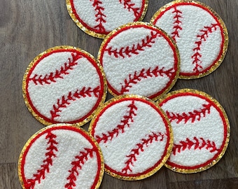 Iron-on Baseball Patch Red/White Chenille Patch- Gold Glitter Patch-Softball Patch- Kids patches-Baseball Mom