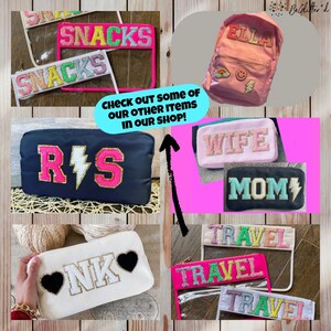 May include: A collection of personalized bags and pouches with various names and designs. The bags are made of different materials, including clear vinyl, canvas, and fabric. The designs include colorful letters, hearts, and lightning bolts. The bags are perfect for carrying everyday essentials or for adding a personal touch to any outfit.