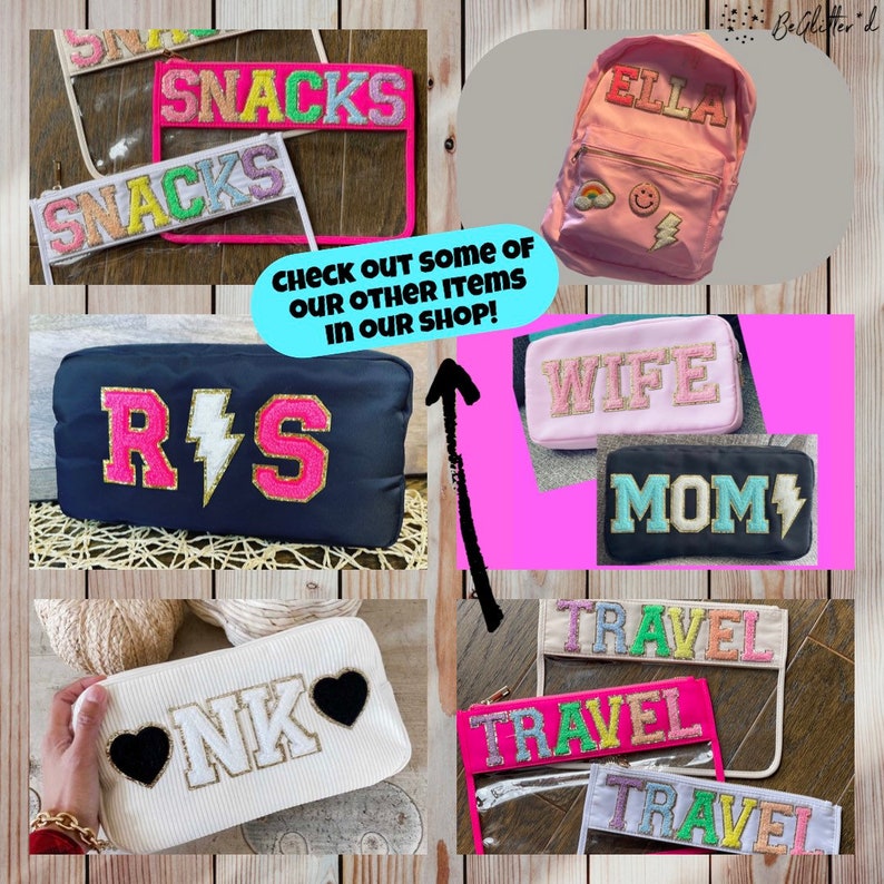 May include: A collection of personalized bags and pouches with various names and designs. The bags are made of different materials, including clear vinyl, canvas, and fabric. The designs include colorful letters, hearts, and lightning bolts. The bags are perfect for carrying everyday essentials or for adding a personal touch to any outfit.