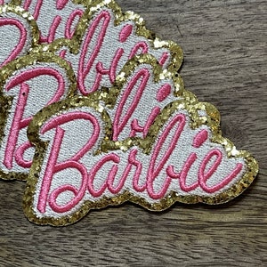 IRON ON Patch-Barbie logo Inspired-iron on patches-glitter-embroidered patch-Barbie patch-barbie doll-pink-barbie party-Barbie costume-font