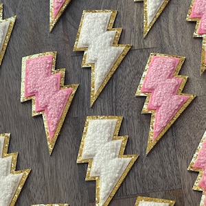 Self Adhesive Chenille-White-Pink-Lightening Bolt-Patch-Chenille Patch-Sticker