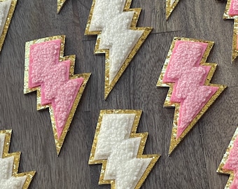 Self Adhesive Chenille-White-Pink-Lightening Bolt-Patch-Chenille Patch-Sticker