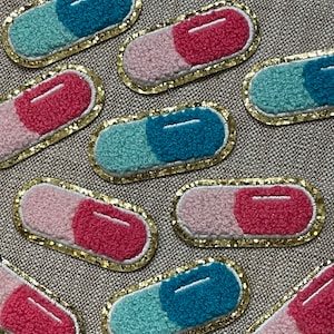 Iron On Pill Patch - Pink Blue Pill - Chenille Patch- Iron On Patches- DIY- Glitter pills-medicine-pink-blue-pouch-medical-prescription