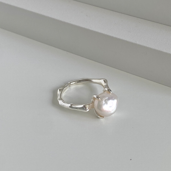 Unique Dainty Sterling Silver Baroque Pearl Ring | Minimalist Adjustable Cocktail Ring | Statement Stackable Rings For Women | Gift For Her