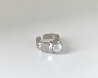 Silver Large Pearl Chunky Adjustable Ring | Sterling Silver Minimalist Pearl Open Ring | Freshwater Pearl Stackable Band Ring | Gift For Her