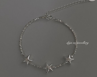 Dainty Silver Beaded Star Charm Bracelet | Friendship Sterling Silver Minimalist Bracelet | Adjustable Bracelets For Women | Gift For Her