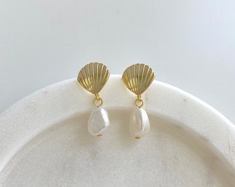 18k Gold Plated Shell Pearl Stud Earrings | Minimalist Mermaid 925 Sterling Silver Freshwater Pearl Drop Pendant Earrings | Gift For Her