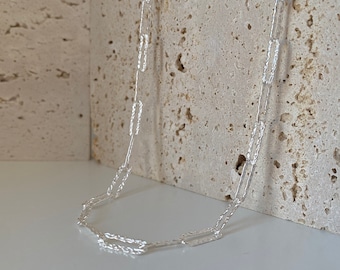 Silver Dainty Paperclip Long Chain Necklace | Minimalist Sparkle Paperclip Necklace | 925 Sterling Silver Delicate Necklace | Gift For Her
