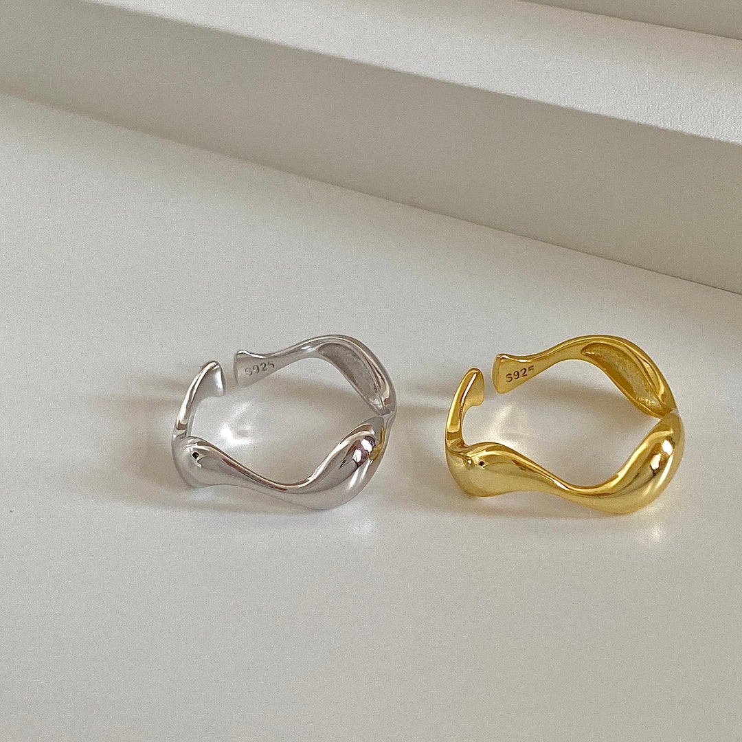 Minimalist Sterling Silver Gold Wave Ring Adjustable Dainty 18K Gold ...