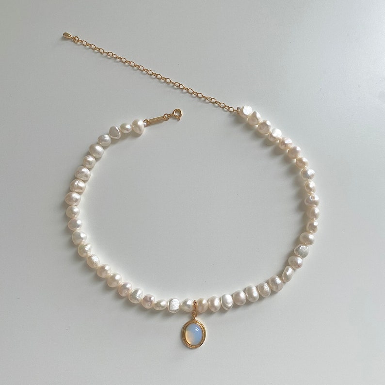 Moonstone Pendant Freshwater Pearl Necklace Dainty Baroque Beaded Pearl Necklace Gold Vermeil Moonstone Pearls Necklace Gift For Her image 1