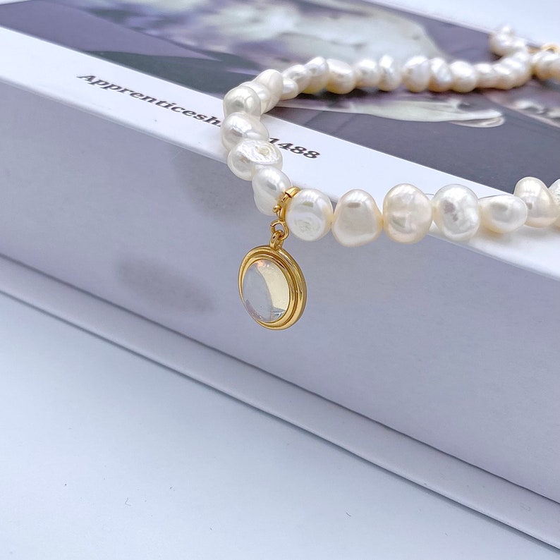 Moonstone Pendant Freshwater Pearl Necklace Dainty Baroque Beaded Pearl Necklace Gold Vermeil Moonstone Pearls Necklace Gift For Her image 3