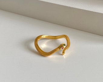 Dainty Gold Plated Sterling Silver Snake Ring | Minimalist Unique Halloween Ring | Adjustable Gothic Statement 18K Gold Ring | Gift For Her