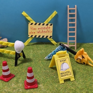 Miniature gnome construction site as an accessory for gnome pranks, gnome entry, gnome doors, Christmas gnomes or gnome parade (9 pieces)