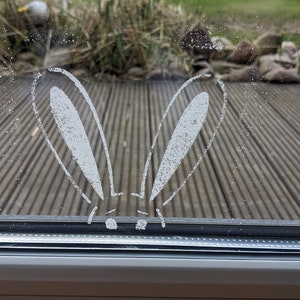 May include: A white bunny rabbit drawn on a window pane. The bunny's ears are large and the drawing is simple.