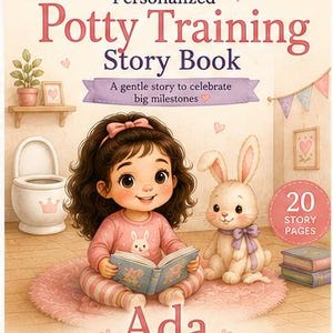 May include: A personalized story book titled Ada Says Goodbye to Diapers by BloomletBooks. The cover features a young child with brown hair wearing pink pajamas, sitting on a pink rug next to a white rabbit and an open book. A toilet is visible.