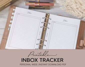 May include: A printable inbox tracker for a personal wide planner. The tracker has two pages with lined sections labeled "Inbox" and a check box for "Task".