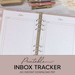 May include: A printable A5 inbox tracker with a white background and black lines. The tracker has a section for tasks and a section for notes. The text "Inbox" is written at the top of each section. The text "Printable Inbox Tracker" is written in black cursive at the bottom of the image. The text "A5 | INSTANT DOWNLOAD PDF" is written in black below the cursive text.