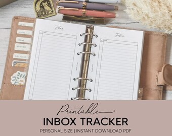 May include: A printable inbox tracker for a personal size planner. The tracker has two pages with the word "Inbox" at the top of each page. The pages are lined and have a column for dates.