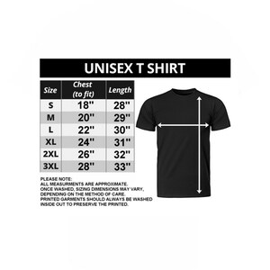 May include: Unisex t-shirt size chart with measurements in inches for chest and length. Sizes range from S to 3XL.
