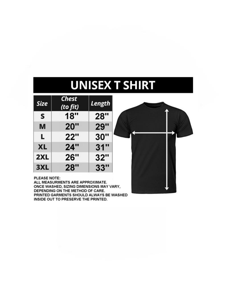 May include: Unisex t-shirt size chart with measurements in inches for chest and length. Sizes range from S to 3XL.