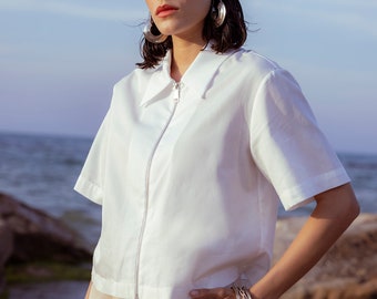 Maeve White Ziped Poplin Shirt